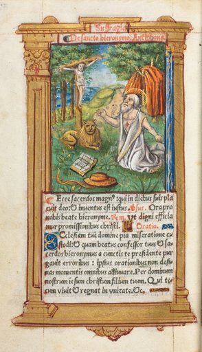 Printed Book of Hours (Use of Rome): fol. 107v, St. Jerome and the Lion
