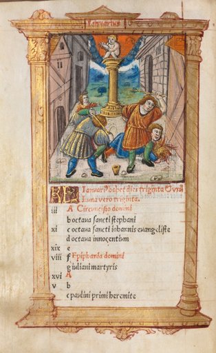 Printed Book of Hours (Use of Rome): fol. 2v, January calendar illustration