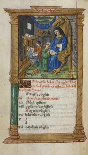 Printed Book of Hours (Use of Rome): fol. 3v, February calendar illustration