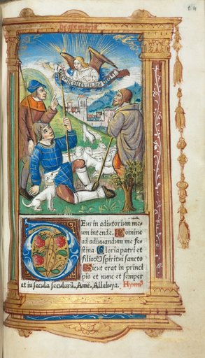 Printed Book of Hours (Use of Rome): fol. 36r, Annunciation to the Shepherds