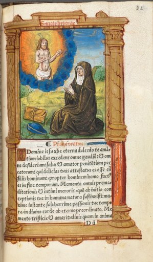Printed Book of Hours (Use of Rome): fol. 90r, St. Bridget in Prayer before an Apparition of Christ