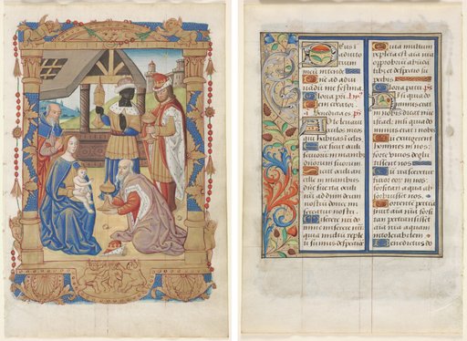 Leaf from a Book of Hours: Adoration of the Magi (recto) and Text with Illustrated Border (verso) (3 of 3 Excised Leaves)
