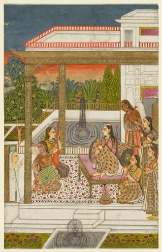 A princess with attendants on a terrace
