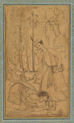 A holy man prostrating himself before a learned prince