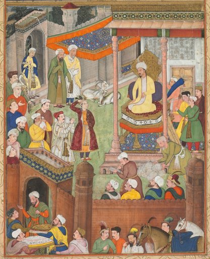 Babur receives booty and Humayun’s salute after the victory over Sultan Ibrahim in 1526, from an Akbar-nama (Book of Akbar) of Abu’l Fazl (Indian, 1551–1602)