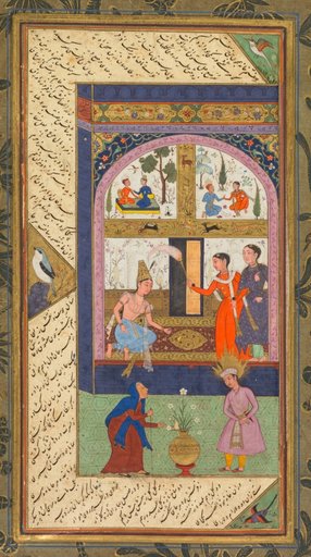 Zulaykha in her palace and as an old woman with Joseph, from a Panj Ganj (Five Treasures) of Abd al-Rahman Jami (Persian, 1414–1492); verso from a Panj Ganj of Abd al-Rahman Jami (Persian, 1414–1492), with two masnavis: Yusuf va Zulaykha (Joseph and Zulaykha) and Khirad-nama-i Iskandari (Alexander’s Book of Wisdom)