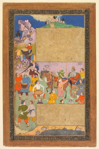 A charioteer riding through a rocky landscape with an entourage of footmen and musicians, page from a Razm-nama (Book of Wars) adapted from the Sanskrit Mahabharata and translated into Persian by Mir Ghiyath al-Din Ali Qazvini, known as Naqib Khan (Persian, d. 1614)