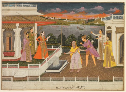 A blindfolded suitor is brought before a princess (recto)