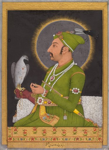 Posthumous portrait of the Mughal emperor Muhammad Shah (reigned 1719–1748) holding a falcon (recto)