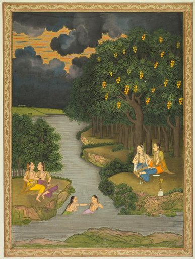Women enjoying the river at the forest’s edge (recto) and flowering marigold (verso)