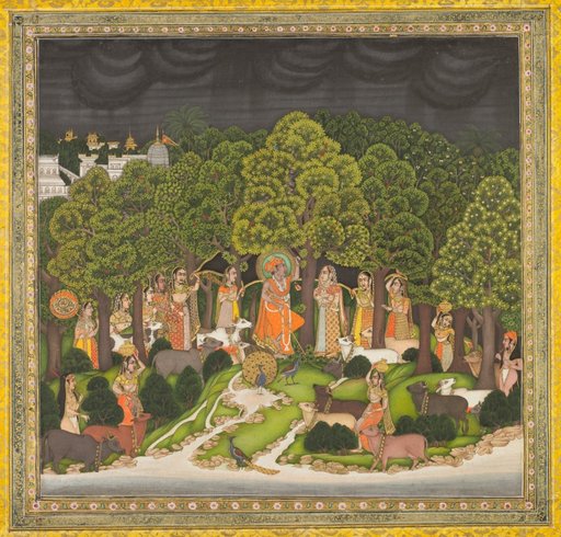Radha and Krishna meet in the forest during a storm