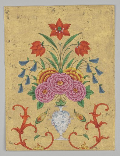 Vase with flower arrangement and scrollwork