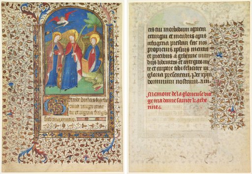 Leaf from a Book of Hours: Sts. Geneviève, Catherine of Alexandria, and Margaret (recto) and Text (verso)