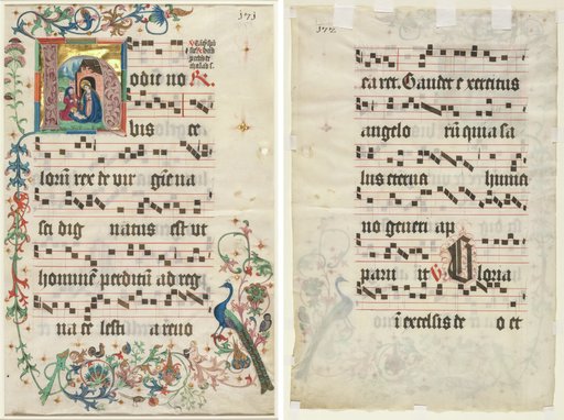 Leaf from an Antiphonary: Initial H with the Nativity (recto) and Text (verso)