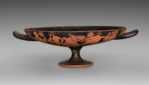 Red-Figure Kylix (Drinking Cup): Dionysos and Satyr (I); Satyrs and Maenads (A, B)