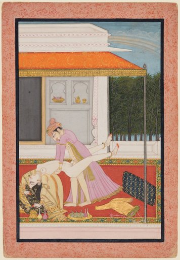 An amorous couple, probably Raja Mahendra Pal of Basohli with a favorite queen