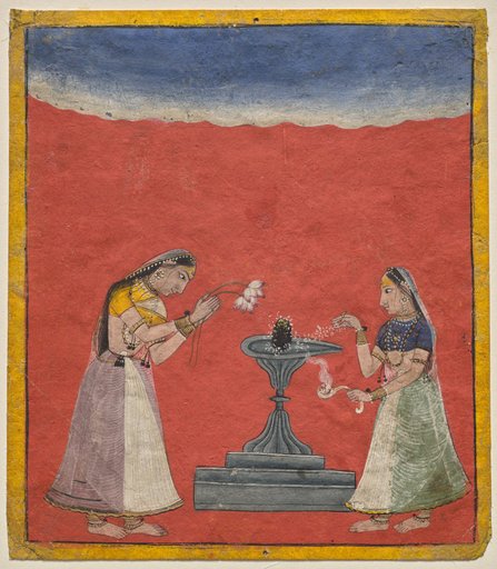 Women worshiping a Shiva linga: Devagandhari Ragini of Hindol Raga, from a Ragamala