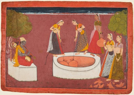 Madhava plays his vina before five women drawing water from a well, folio 3 from a Madhavanala-Kamakandala