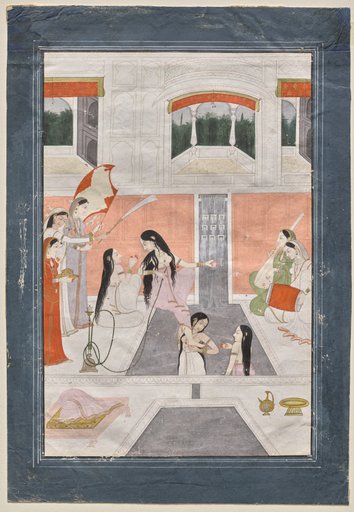 Palace women enjoy music by the side of a cascade