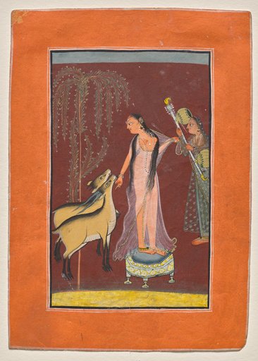 Heroine with attendant and a pair of deer