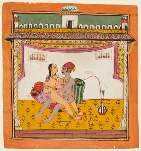A couple seated against two pillows engaged in sex, from an erotic series