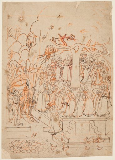 Krishna watches the milkmaids circumambulating a sacred tree: The month of Jyestha (May–June), from a Barahmasa (The Twelve Months)