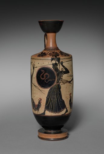 Black-Figure White-Ground Lekythos (Oil Vessel): Athena between Cocks and Hieropoioi (Officials)