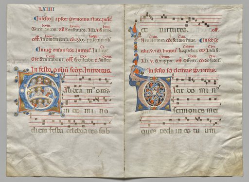 Bifolio from a Gradual: Initial (G) with Christ, the Virgin, and Apostles and Initial (O) (recto)
