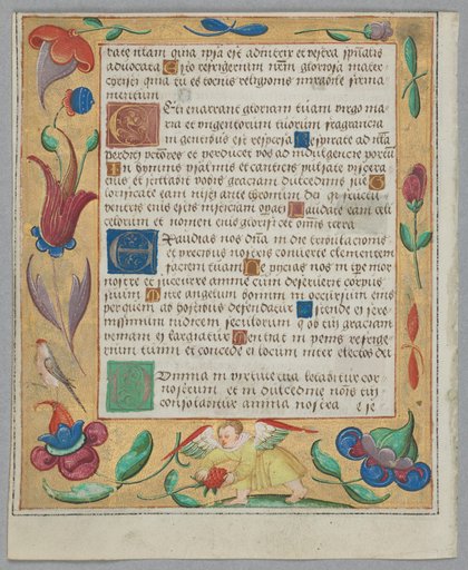 Leaf from a Psalter and Prayerbook: Putto Picking Strawberries (verso)