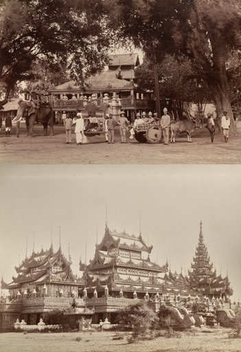 Untitled: (British soldiers, man on palequin, and indigenous workers); (ornate buildings, verso)