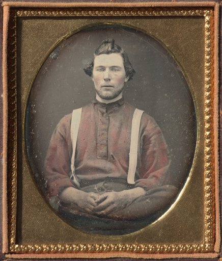 Workman in Red Flannel Shirt and Suspenders