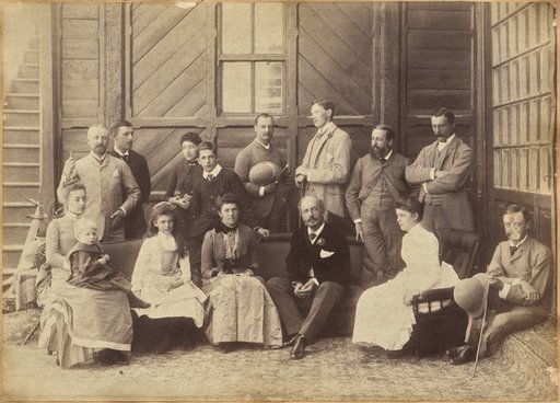 Shimla 17th May 1887: Viceregal party. Lord William Beresford, Military Secretary, Captain Leonard Gordon A.D.C., Mademoiselle Clerc, The Honorable Basit Blackwood, Major F. R. Hamilton A.D.C., Mr. Oglivie Grant, Sir Donald Mackenzie Wallace K.C.E., Private Secretary, Dr. J. Findlay, Mrs. F. R. Hamilton, Master G. Hamilton, Lady Victoria Blackwood, H. E. The Countess of Dufferin, H. E. The Earl of Dufferin, Lady Hermione Blackwood, Lord Herbrand Russell, A.D.C. (recto)
