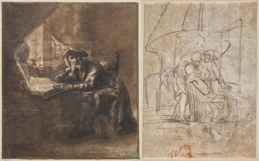 An Old Man Seated at a Table, His Head Resting on His Right Hand (recto); The Healing of Tobit (verso)