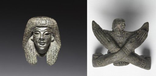 Bronze mounts from a "Shawabty Bundle"; Head and Crossed Arms