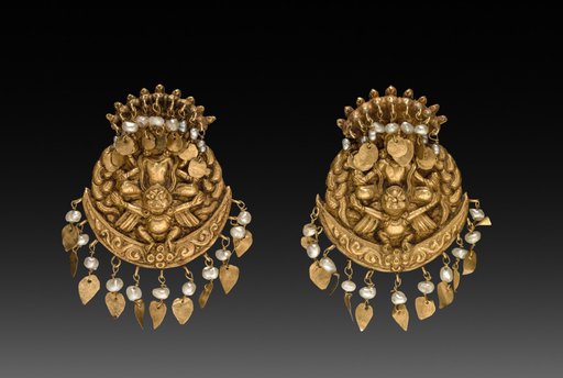 Pair of Earrings with Four-Armed Vishnu Riding Garuda with Nagas (serpent divinities)