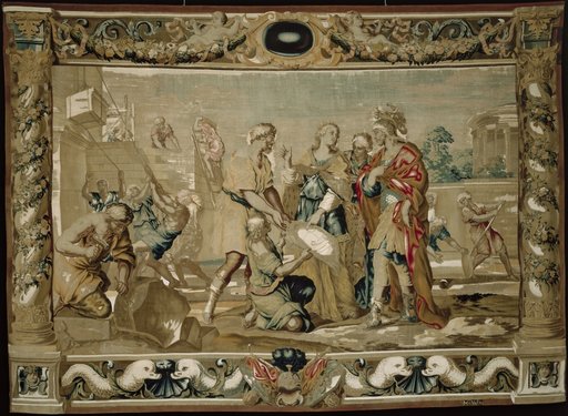 Dido shows Aeneas the plans for the fortifications of Carthage