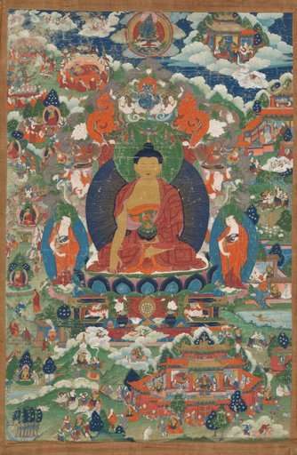 Shakyamuni Buddha with scenes from his life story