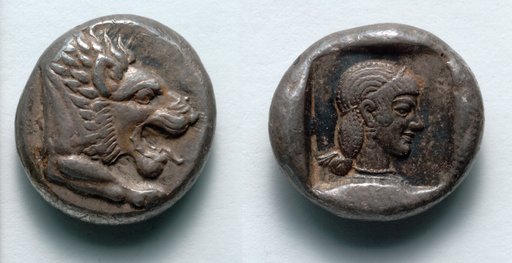 Drachm: Forepart of Lion (obverse); Head of Aphrodite (reverse)