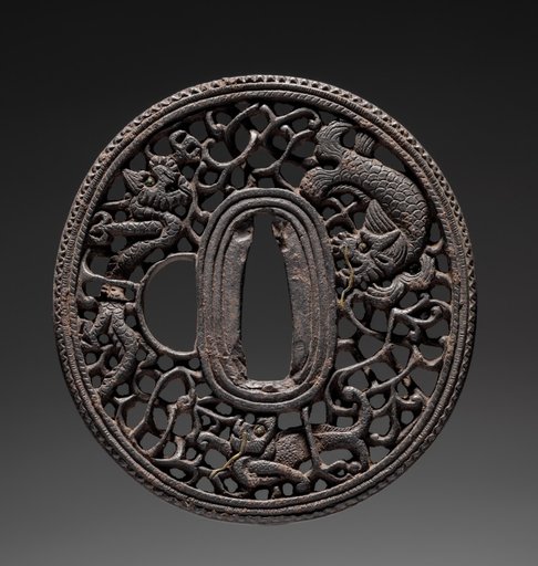 Sword Guard (Tsuba) with Dragon, Lion, and Sea Monster