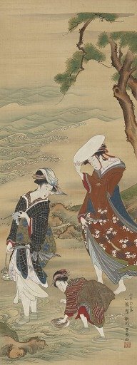 Two women and a girl on the seashore