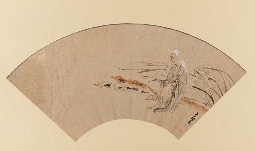 An old woman sitting on two overturned grave-posts