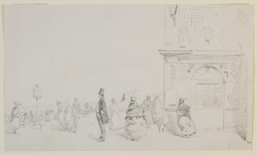 A group of figures on an esplanade