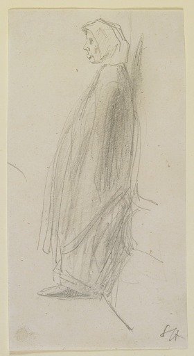 Profile sketch of an old woman standing