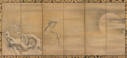 An eagle on a snow-laden blossoming plum tree