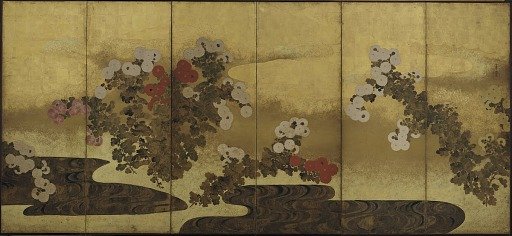 Chrysanthemums beside a stream