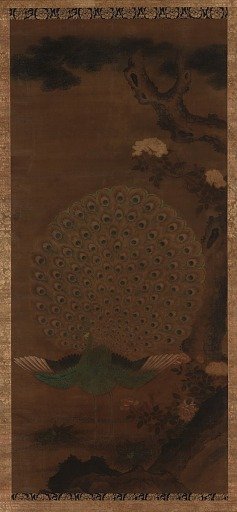 Peacock, peonies and pine