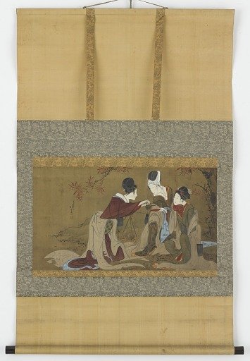 Three shirabyoshi drinking sake heated over a fire of autumn leaves