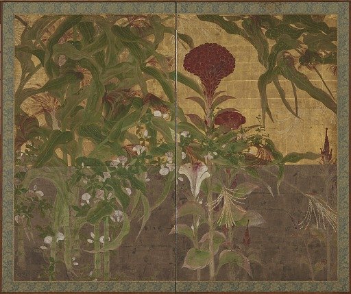 Coxcombs, maize and morning glories 鶏頭玉蜀黍朝顔図屏風