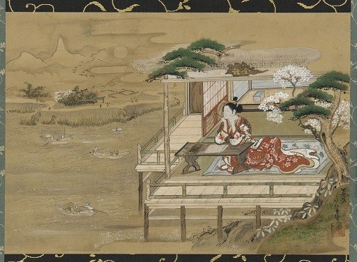 Murasaki Shikibu composing the Tale of Genji at Ishiyamadera