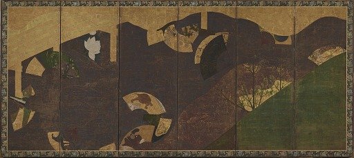 Ivy vines, bridges and floating fans 蔦の細道扇面流図屏風